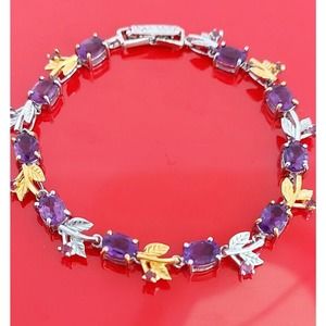 Natural Oval Amethyst 7x5mm & Rhodolite Garnet 925 Sterling Silver Bracelet 7.5"